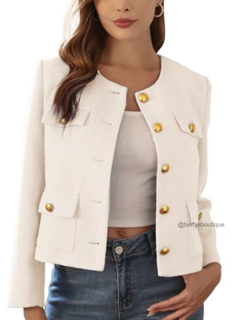 Cropped Tweed Blazer with Gold Buttons and Pockets - Picture 1 of 6